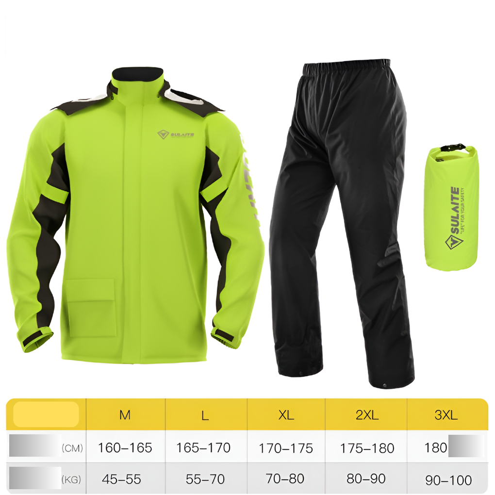 Unisex waterdicht regenpak voor buitenactiviteiten zoals wandelen en fietsen. Beschermt tegen regen en wind.