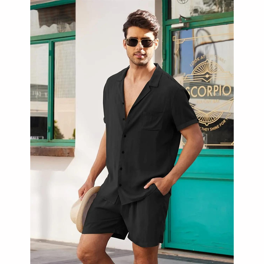 Linnen heren zomerset Jairo met casual linnen shirt en bijpassende linnen short, perfect voor zomerse dagen.
