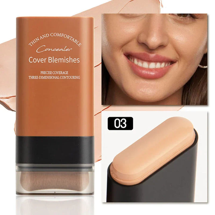 Vrouw brengt 2-in-1 foundationstick aan voor egale teint. Perfecte dekking, contouring en concealer in één.