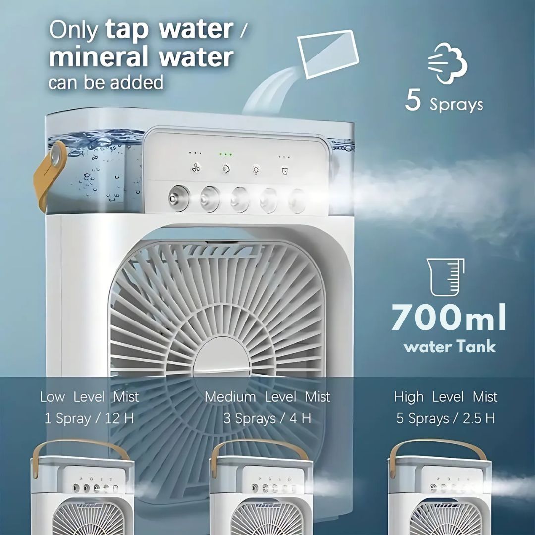 Stijlvolle 3-in-1 airco voor thuis, inclusief bevochtiger, luchtreiniger en verkoelende ventilator.