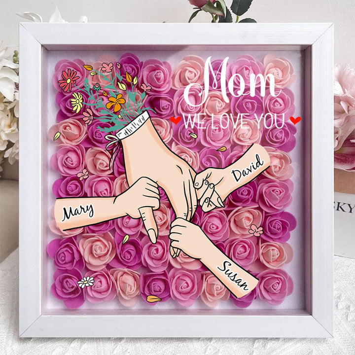 Uniek Moederdag cadeau: gepersonaliseerde namen bloemen in houten acryl schaduwbox; prachtige wanddecoratie.