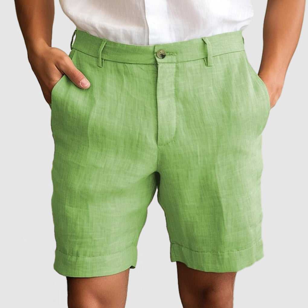 Groene ademende herenshorts met knoopsluiting, ideaal voor reizen, strand en lente/zomer casual comfort.