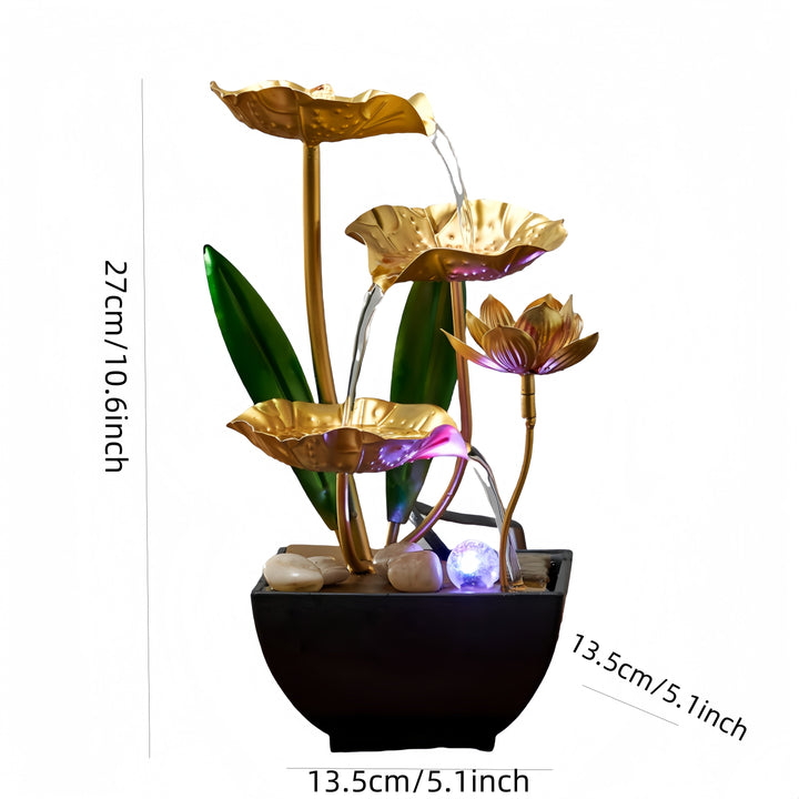 Serene lotus waterfontein met zachte LED-verlichting, ideaal voor sfeervolle avonden en diepe rust.