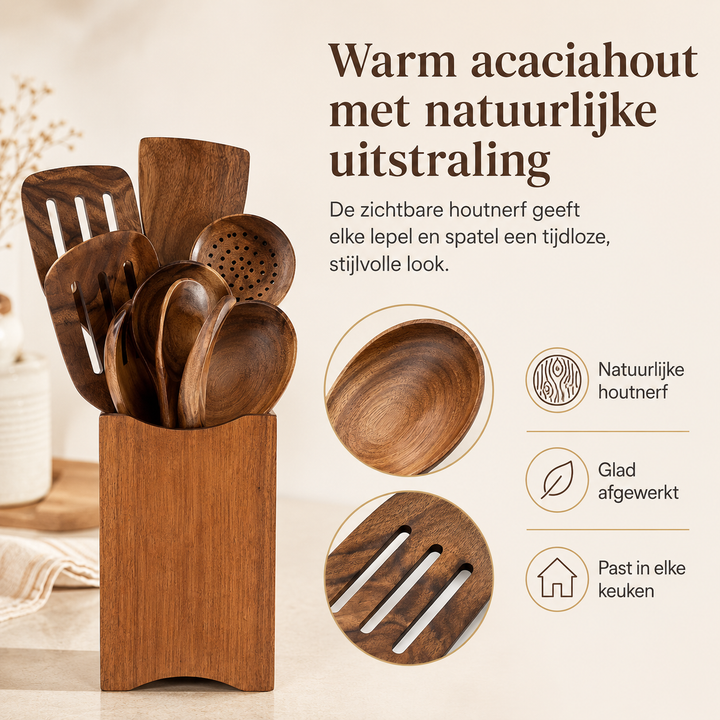 Acaciahouten 8-delige keukenset met diverse houten spatels en lepels. Ideaal voor kookgerei en serveergerei.