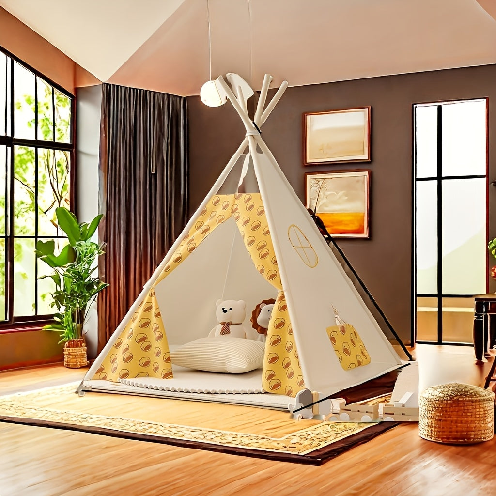 Vrolijke gele KiddieTipi tent. Multifunctionele speelhuisje voor avonturen binnen en buiten. Inclusief speelgoed.