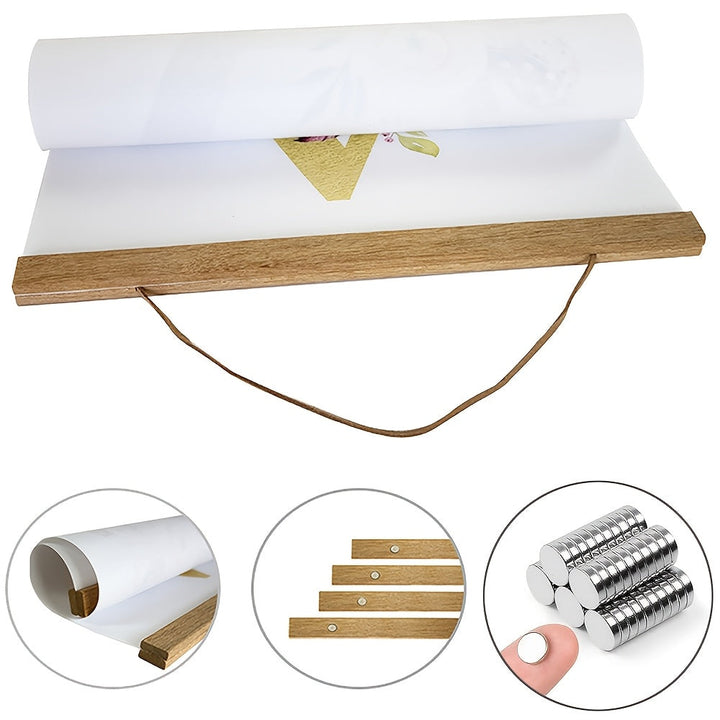 Natuurlijke teakhouten magnetische posterophanger, een elegant en eenvoudig ophangsysteem voor kunst aan de muur.