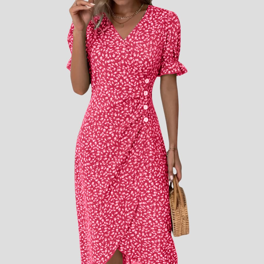 Veelzijdige dames zomerjurk: casual midi jurk met bloemen, ook geschikt als strandjurk of feestjurk.