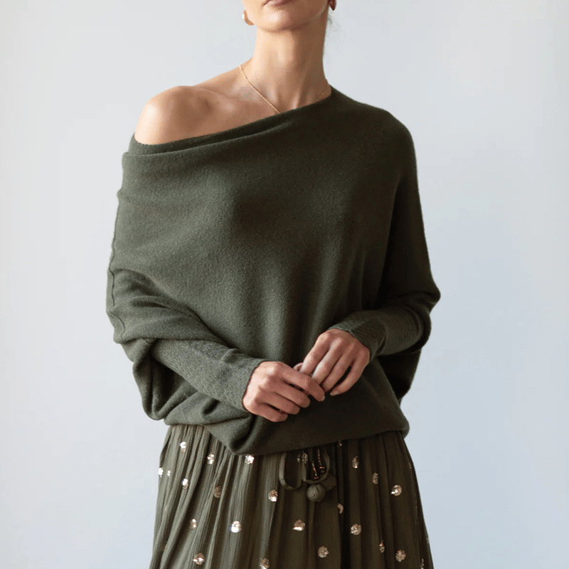 Dames trui off shoulder in lichte kleur, ideaal voor lente outfits en comfort.