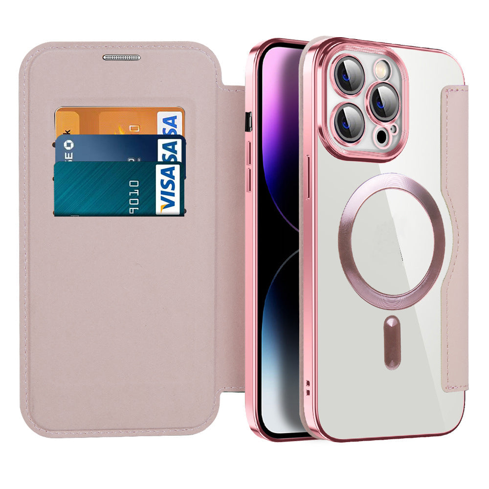 Schokbestendige leren flipcase voor iPhone 15, 14 en 13 met ingebouwde RFID-bescherming.