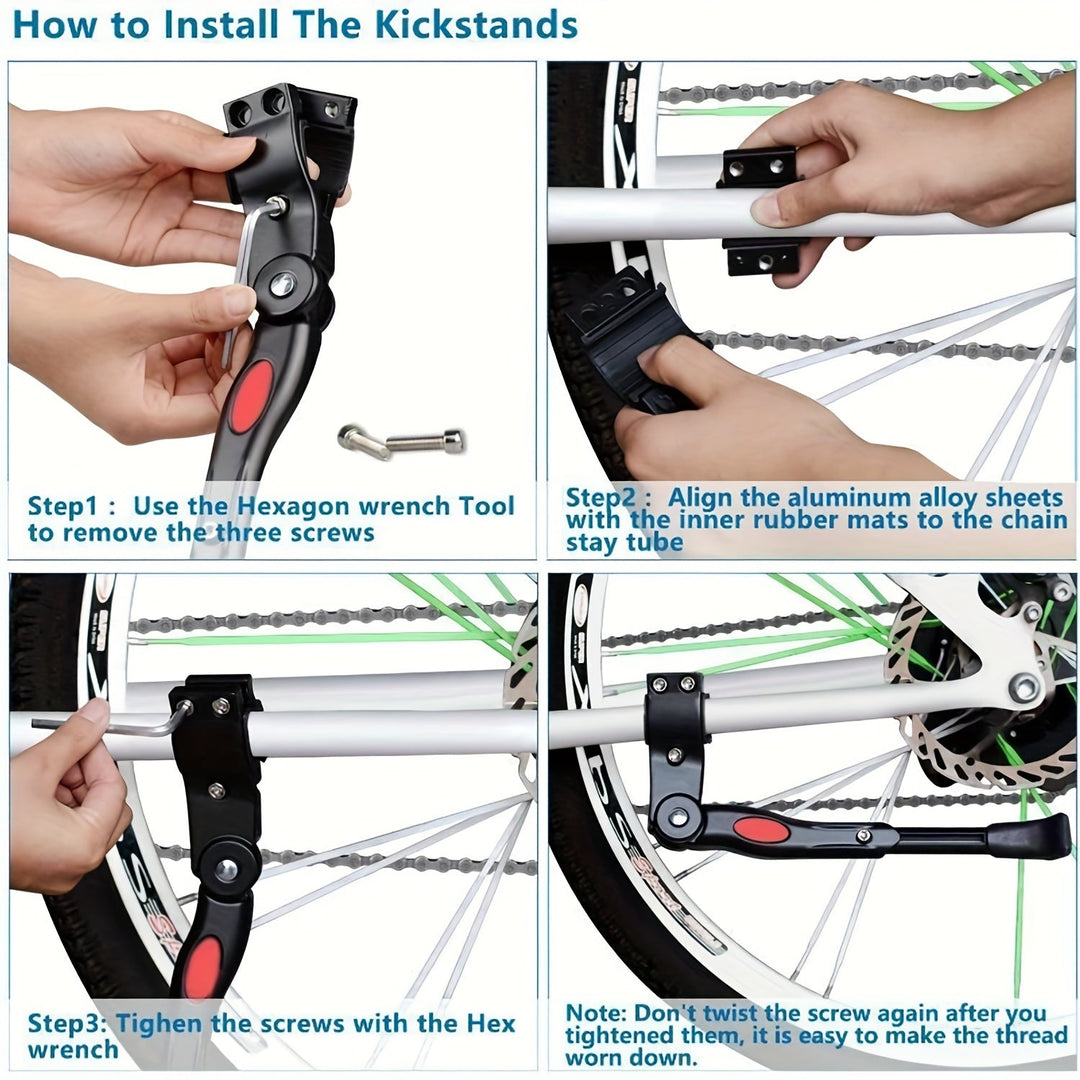 Duurzame zijkickstand van aluminium, universeel verstelbaar, perfect voor mountainbikes en racefietsen.