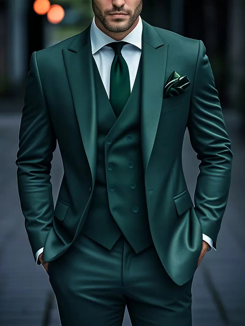 Klassiek driedelig heren pak, met een moderne slim fit snit. Geschikt voor zakelijk en feestelijk.