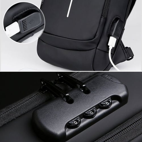 Moderne heren anti-diefstal schoudertas met externe USB oplaadpoort voor onderweg, in donkere kleur.