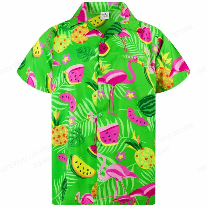 Nico heren 3D Flamingo Hawai overhemd. Zomerse strandkleding met kleurrijke flamingo print, casual herenmode.