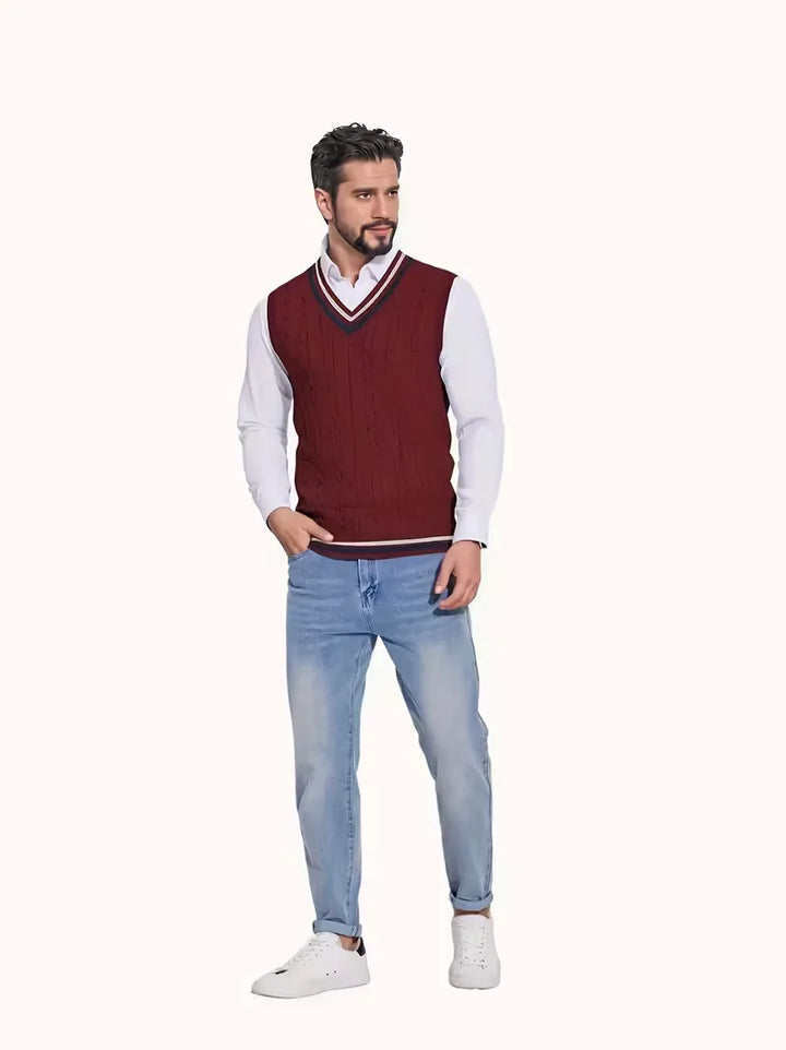 Herfst-proof mouwloos heren vest met V-hals en warm kabelpatroon, comfortabel en modieus.