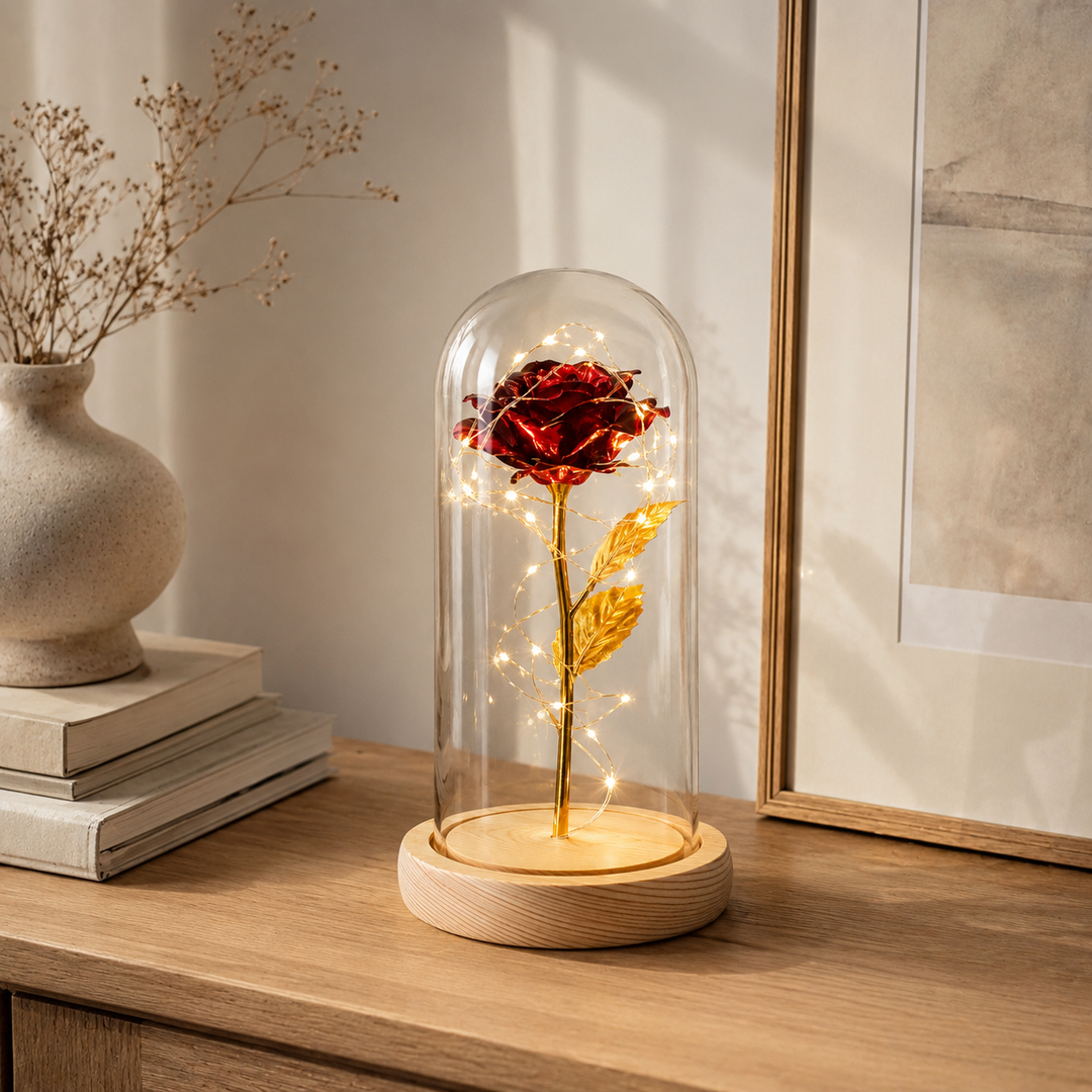 Romantisch geschenk: gouden roos met LED-verlichting in glazen stolp, perfect voor speciale momenten.