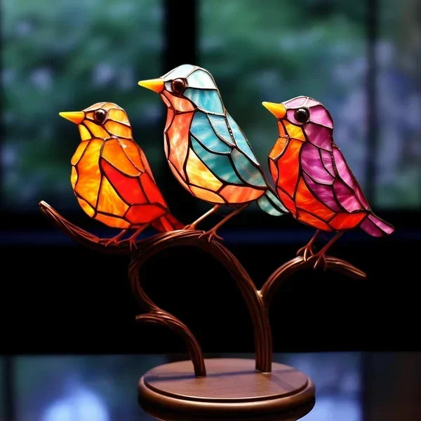Set van handgemaakte glazen vogels, unieke en kleurrijke kunstobjecten voor sfeervolle woondecoratie.