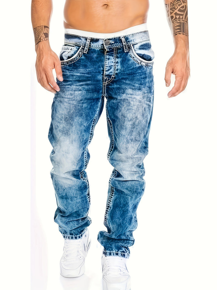 Stoere heren distressed jeans, slim fit. Gescheurde punk stijl broek, perfect voor casual look.
