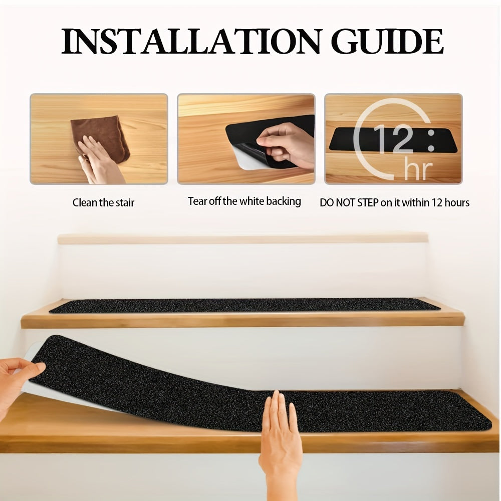 Antislip trapstrips voorkomen vallen en uitglijden op trappen; sterke grip voor binnen en buiten, zwart design.
