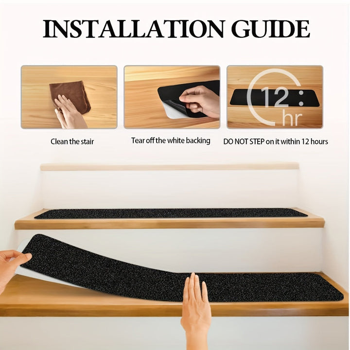 Antislip trapstrips voorkomen vallen en uitglijden op trappen; sterke grip voor binnen en buiten, zwart design.