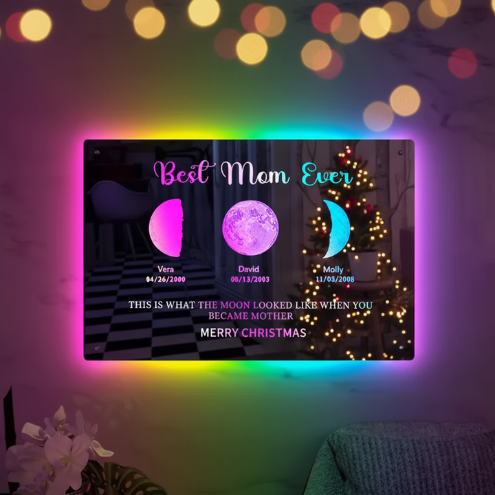 LED maanfase spiegel van acryl, gepersonaliseerd voor moeder. Perfect verjaardag cadeau en wanddecoratie.