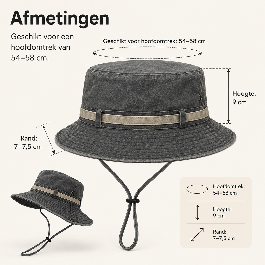 Praktische dames vishoed met UV bescherming, brede rand en verstelbare kinband voor extra grip.