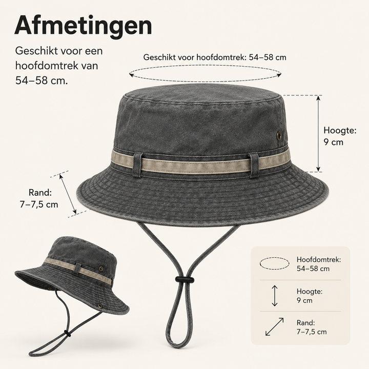 Praktische dames vishoed met UV bescherming, brede rand en verstelbare kinband voor extra grip.
