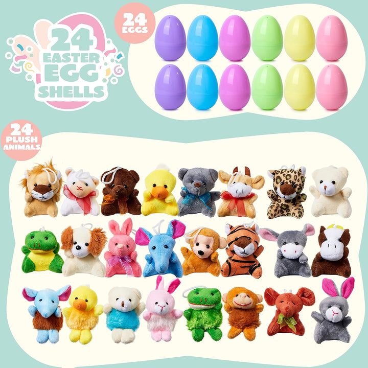 Kind ontdekt een mini-dier in een zacht pluche paasei, deel van de 12 stuks verrassingseieren set voor Pasen.