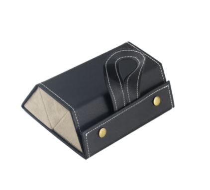 Opvouwbare brillen organizer van zwart PU leer, compacte oplossing voor het opbergen van 3-5 brillen.