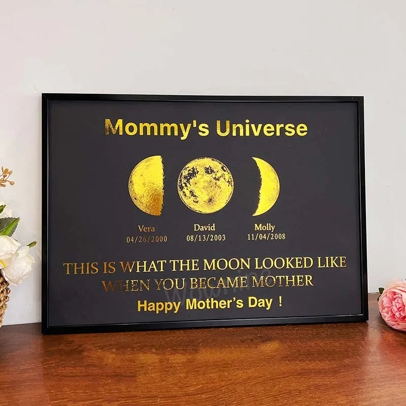 Unieke maanstand poster, perfect Moederdag of jubileum cadeau. Gepersonaliseerde kunst wanddecoratie met datum naar keuze.