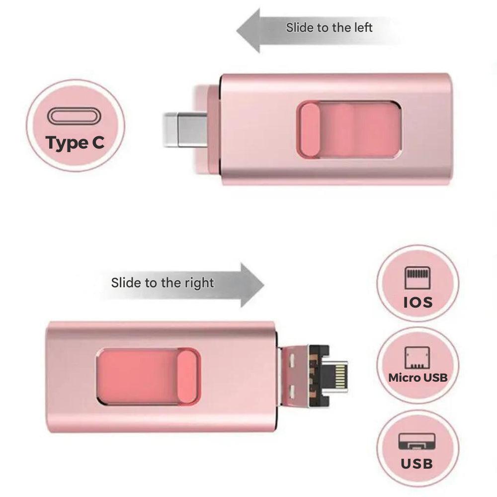 DataFlex 4-in-1 flashdrive met USB-C, Lightning, Micro-USB en USB-A aansluitingen voor universele data opslag.