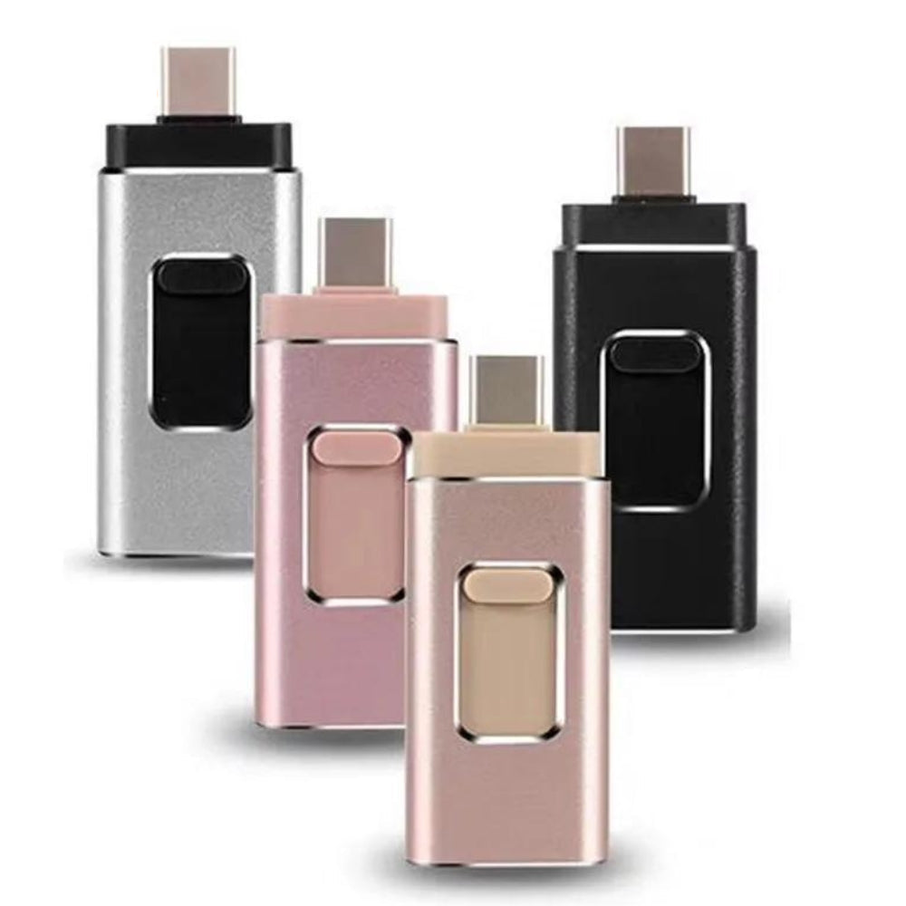 Compacte metalen DataFlex 4-in-1 flashdrive voor universele data opslag: iPhone, Android, PC, laptop compatibel.