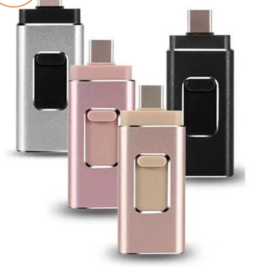 Universele 4-in-1 flashdrive met USB-A, Type-C, Lightning & Micro-USB; ideale data-opslag voor elk apparaat.