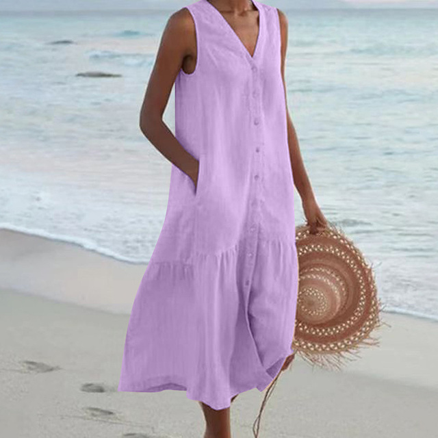 Ademende katoenblend zomerjurk Liora voor dames, casual midi-lengte perfect voor warme zomerdagen.