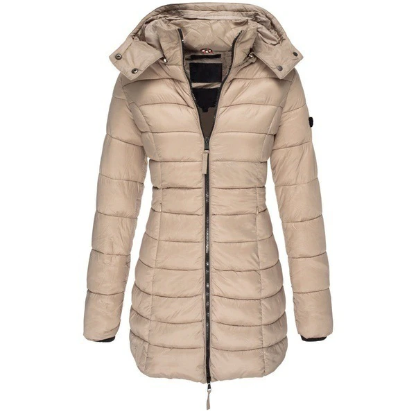 Details van de warme capuchon en hoge kraag van deze comfortabele dames winterjas. Praktische winterkleding.