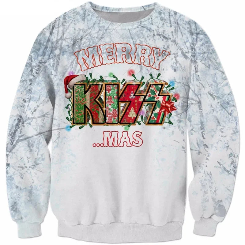 Unieke heren kersttrui in rockstijl. Ideaal als feestoutfit voor de kerst. Comfortabele wintertrui met stoer design.