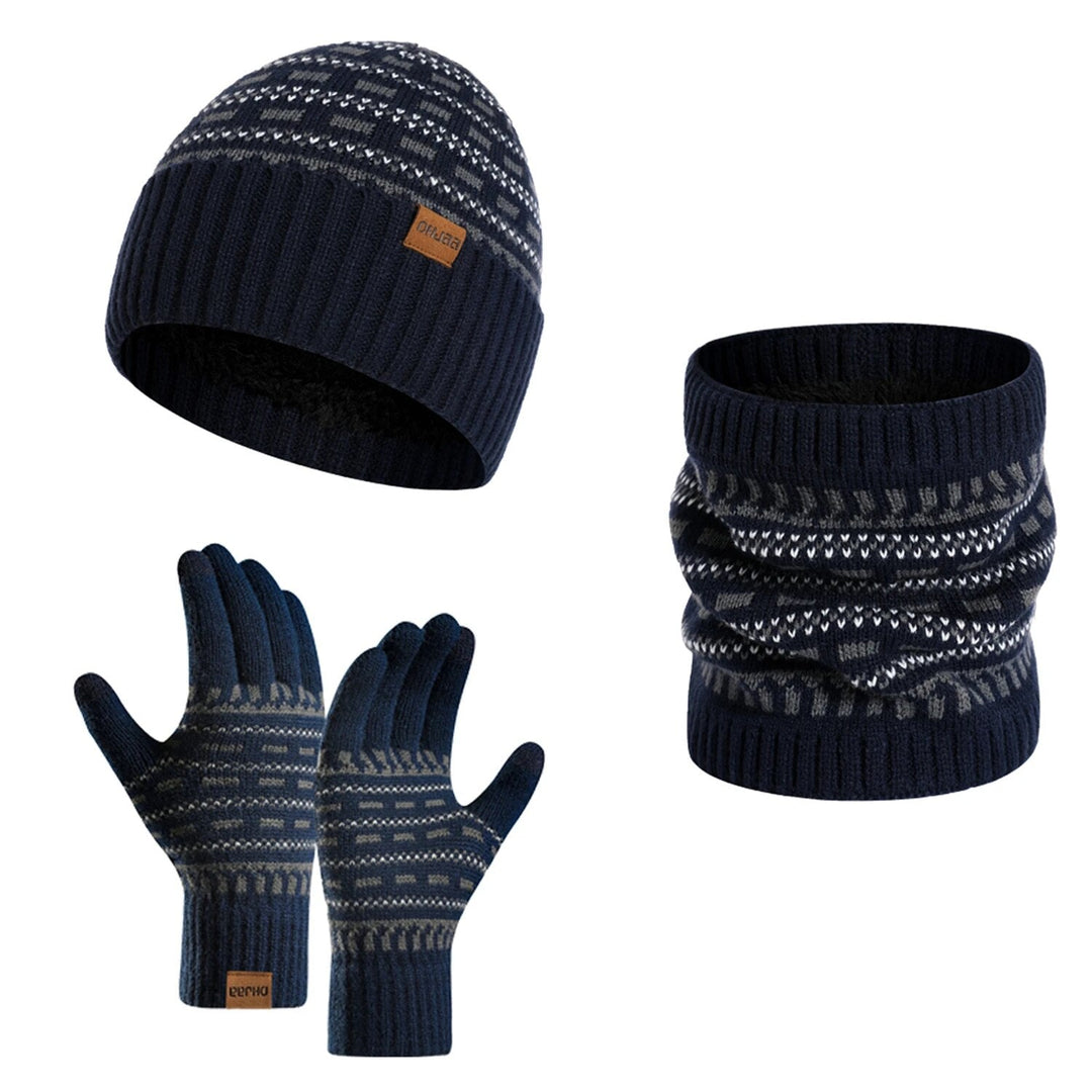 Donkergrijze heren winterset: muts, sjaal en handschoenen van fleece, perfecte accessoires voor de winter.