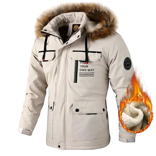 Moderne heren winterjas, winddicht en waterafstotend jack met capuchon.