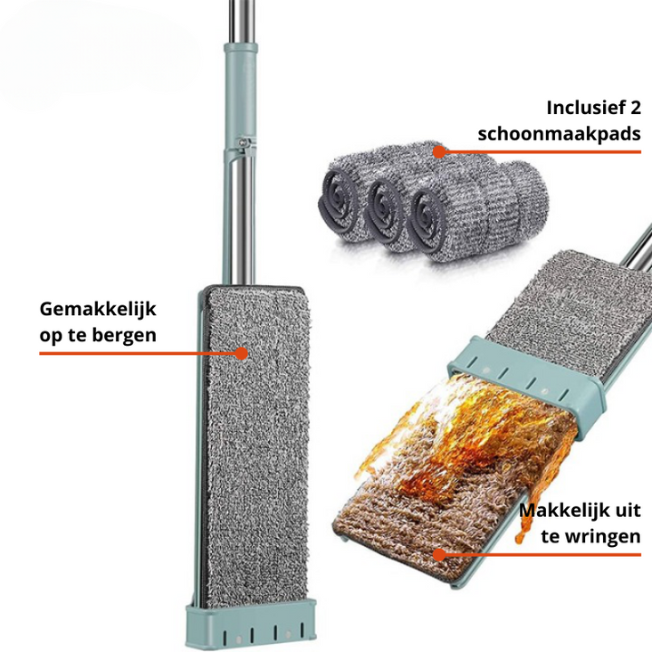 Ergonomische dweil met ingebouwde knijpfunctie; geen emmer nodig! Gemakkelijk vloeren reinigen, zelfs in kleine ruimtes.