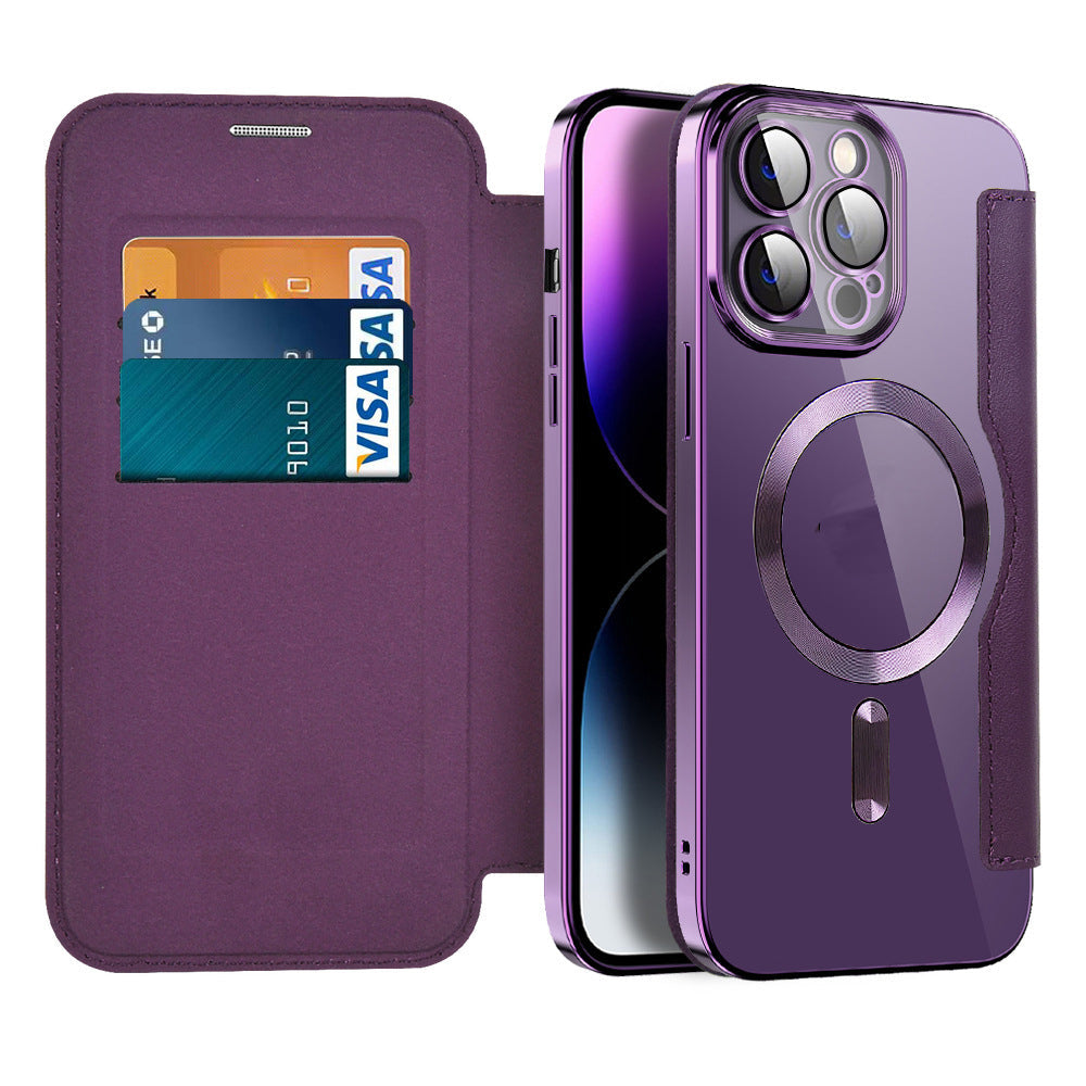 Stijlvolle leren iPhone hoesje met sterke magnetische adsorptie en draadloos laden compatibiliteit.