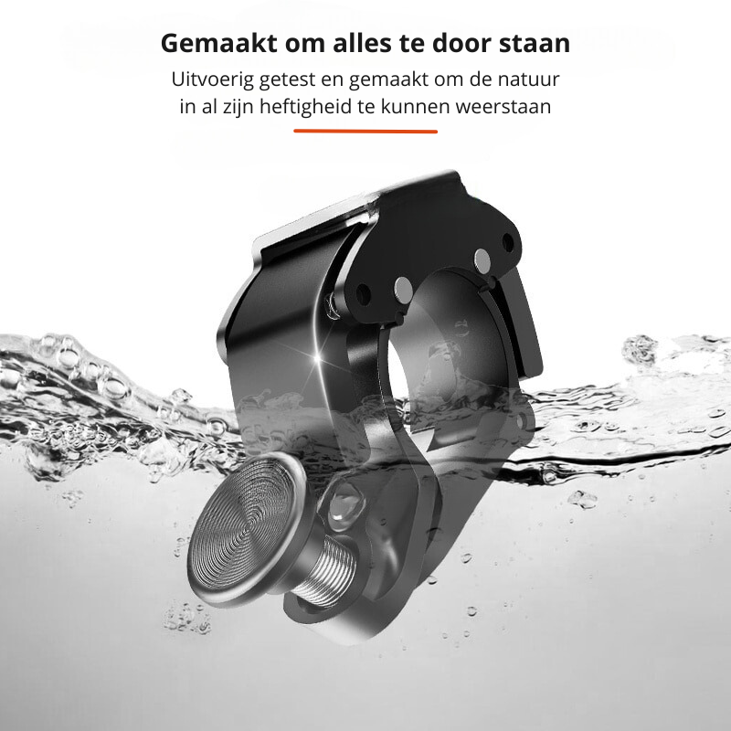 Close-up van de strakke, zilveren BikeBlast RVS fietsbel met helder geluid. Een modern fietsaccessoire.