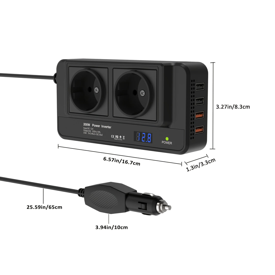 Essentieel reisaccessoire: compacte 200W auto power-inverter met meerdere oplaadmogelijkheden.