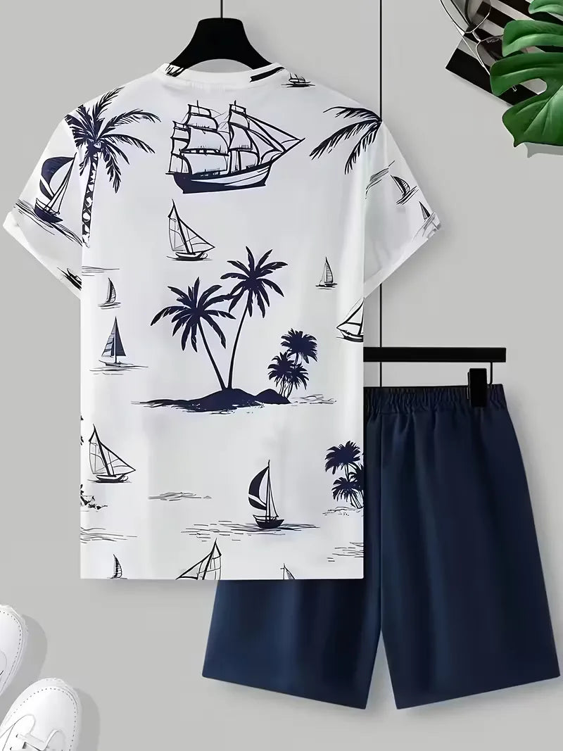 Sportief-casual heren 3D print T-shirt en shorts, ideale tweedelige zomerkleding voor actieve mannen.