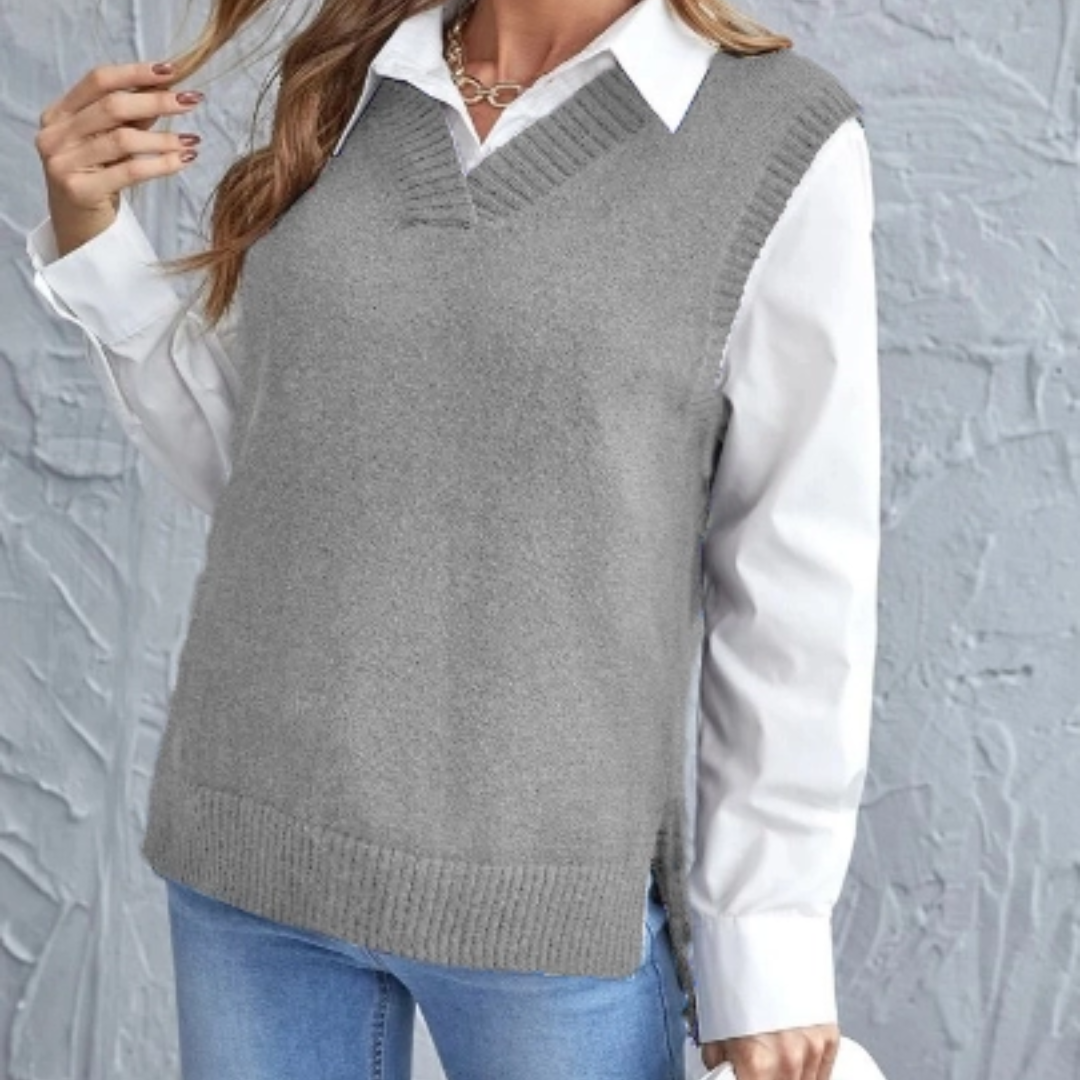 Zachte mouwloze dames spencer met V-hals, 'Faye', comfortabel voor dagelijkse mode en laagjes.