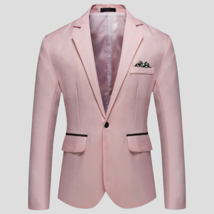 Moderne herenblazer plat gelegd. Stijlvol en veelzijdig mannen jasje, perfect voor business en formele kleding.
