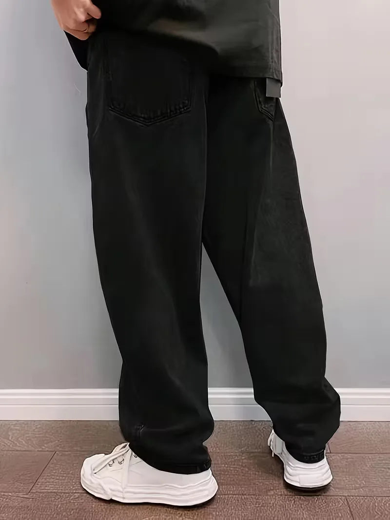 Veelzijdige heren wide leg jeans, loose fit en mid-rise. Comfortabele casual broek in zwart voor elke dag.