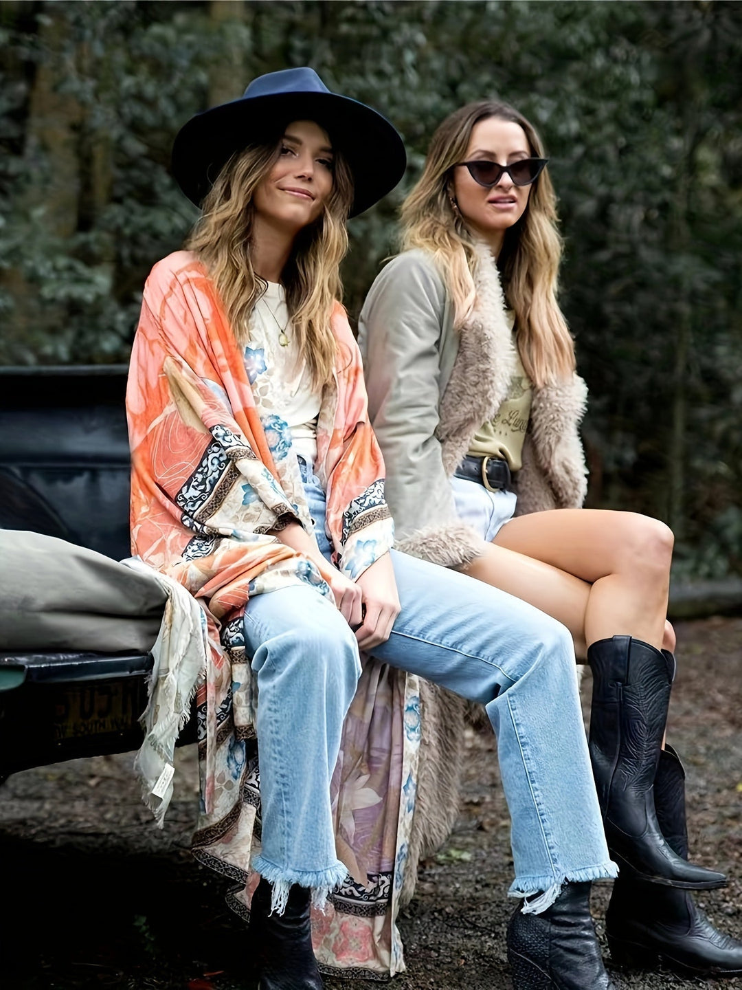 Bohemian lange dames kimono met levendige rood-oranje rozenprint. Zomerse must-have.