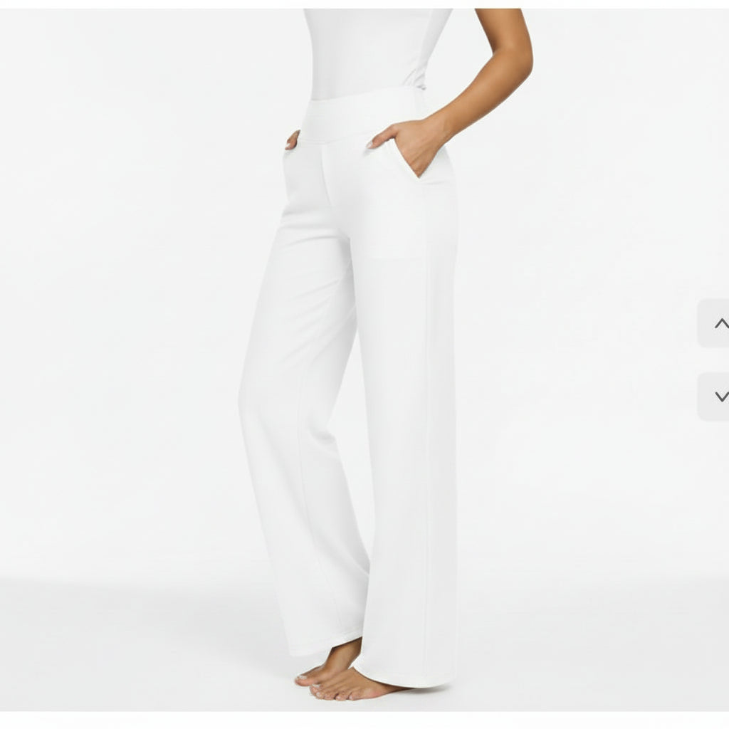 Dames gebreide rechte broek met hoge taille en zakken; comfortabel en elegant voor dagelijks gebruik of kantoor.