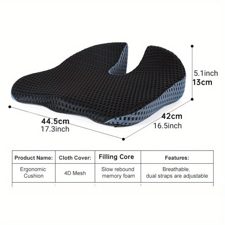 Drukverlagend, ergonomisch zitkussen met geheugenfoam. Biedt comfort, verlicht rugpijn in auto en kantoorstoel.