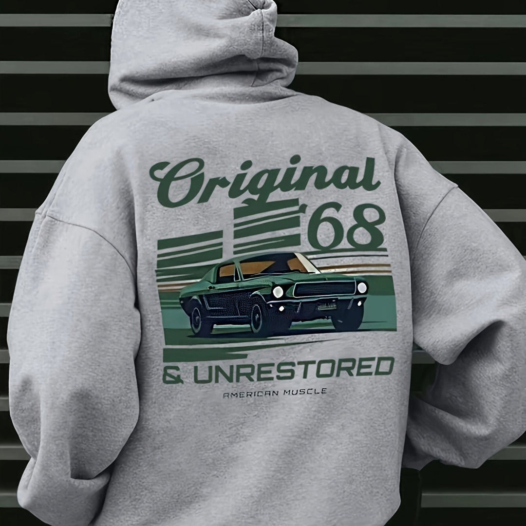 Modieuze heren vintage muscle car hoodie, perfect voor streetwear met zijn klassieke ontwerp en pasvorm.