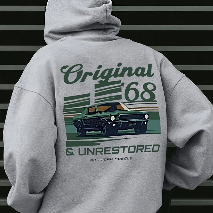 Modieuze heren vintage muscle car hoodie, perfect voor streetwear met zijn klassieke ontwerp en pasvorm.
